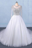 Robe de mariée blanche à manches longues gonflée en tulle, Robe de mariée longue et brillante