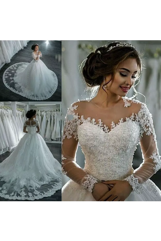 2024 New Arrival Robes de mariée en tulle à manches longues Neck avec appliques