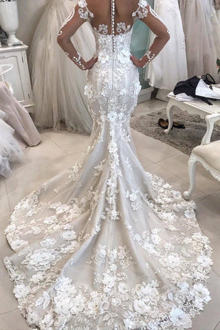 2024 Détachable Train Manches longues Scoop Mermaid Robes de mariée avec appliques Tulle