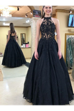 Encolure licou Longues robes de bal noires Robe de soirée formelle Appliques en tulle