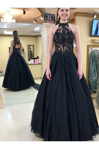 Encolure licou Longues robes de bal noires Robe de soirée formelle Appliques en tulle