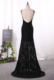 2024 Sexy Sheath Black Prom Robes Spaghetti Straps Train de ballet en dentelle