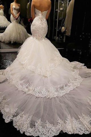 2024 Robe de mariée sirène / trompette sweetheart tulle avec des appliques