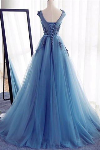 Charmant bleu longue dentelle tulle dos ouvert dentelle princesse robes de bal