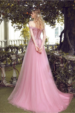 Robe de bal en tulle à épaules dénudées avec appliques, robes de soirée longues