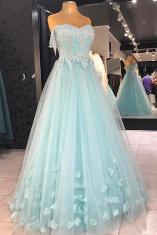 Pas cher A Line bretelles étage longueur robe de bal en tulle avec des fleurs, robe formelle Appliqued