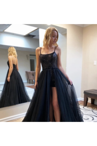 Robe courte à paillettes avec jupe longue en tulle amovible Robe de bal