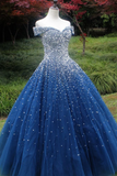 Robe de bal bleue scintillante à l’épaule avec robe de bal, robes Quinceanera gonflée en tulle