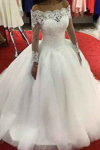 2024 Bateau à manches longues Robes de mariée Robe de bal Tulle avec appliques