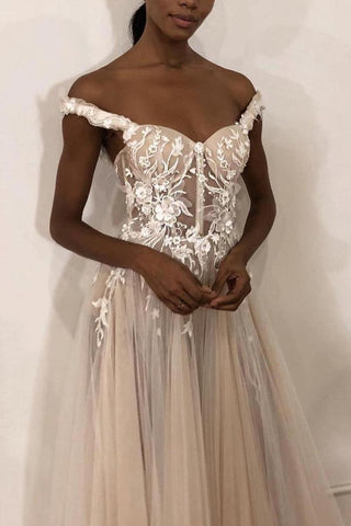 Robe de mariée longue ivoire hors épaule unique avec appliques, robes de mariée chérie