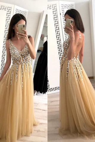 2024 Champagne Tulle Perles A-ligne Robes De Bal De Cou-De-Cou Avec Train De Balayage