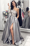 2024 Robe de bal une epaule longue en satin gris fendue dentelle blanche Robe de bal longue avec poches Robe de bal longue