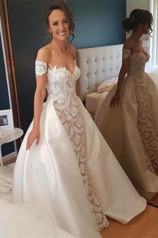 Jolie De L&#39;epaule Dentelle Satin Longues Robes De Mariée Robes De Mariée