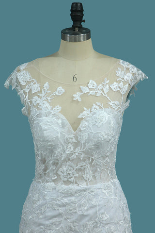 Robes de mariage de dentelle de dos ouvert de scoop 2024 avec le bouton couvert par Applique