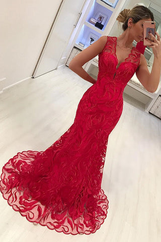 2024 New Arrival V Neck Lace Mermaid Prom Dresses Sweep Train