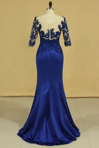 2024 Bateau foncé bleu royal mère de la mariée Robes à manches 3/4 avec appliques satin noir bleu royal