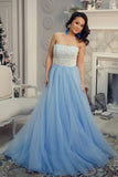 Charmantes Bretelles Longues Dentelle Tulle Bleu Clair Elegant Robes De Bal