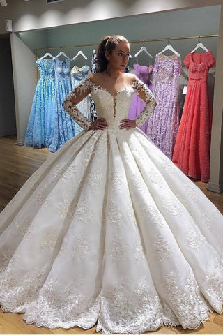 2024 Scoop manches longues robe de bal robes de mariée en tulle avec train de balayage Applique