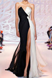 2024 Sexy Bicolor High Slit Robes de bal Robe en mousseline de soie avec volant Train de balayage