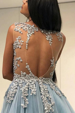 Une ligne sans manches voir à travers la robe de bal en tulle avec des appliques, robe formelle longueur au sol