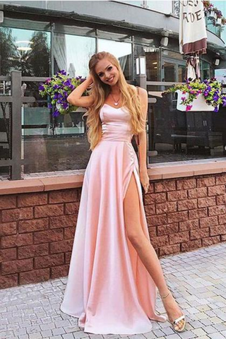 A Line Sweep Train With Slit Spaghetti Straps Satin Prom Dress