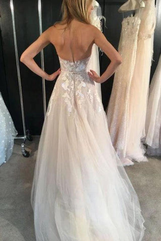 Robes de mariée de longue plage ivoire sans bretelles de tulle, robe de mariée appliques sexy