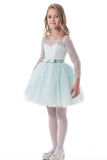 2024 Flower Girl Dresses A Line Bateau à manches longues en dentelle Short / Mini