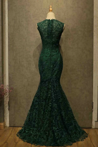 Charme sirène vert foncé dentelle bretelles robes de bal, longues robes de soirée