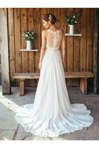 Mousseline de soie élégante col rond A-ligne avec dentelle, robes de mariée plage Boho