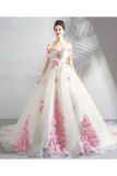 Unique hors de l&#39;épaule robe de mariée en tulle avec des fleurs roses, robe de mariée robe de bal