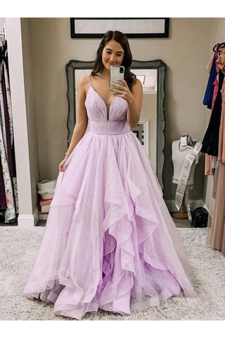 Tulle longue robe de bal scintillante, bretelles spaghetti longue robe de soirée volants