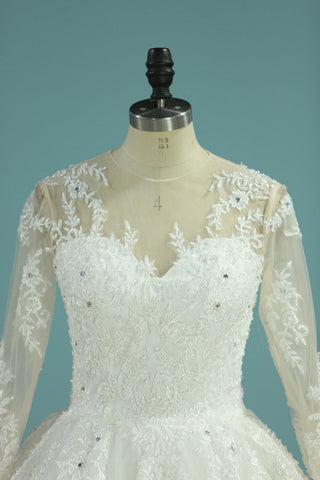 2024 Robes de mariée boule à manches longues Une ligne Tulle avec appliques et perles