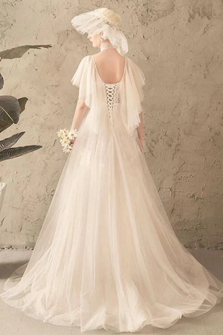 Robe de mariée longue en dentelle de tulle unique, manches courtes ivoire lacent les robes de mariée au dos