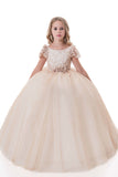 2024 Ball Gown Flower Girl Dresses Scoop manches courtes Tulle With Applique