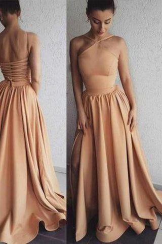 A Line Sweep Train With Slit Spaghetti Straps Satin Prom Dress