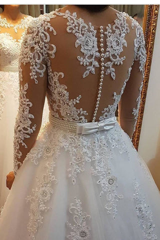 2024 A Line Scoop Neck Robes de mariée Chapel Train Tulle avec appliques et perles Jupe détachable Manches longues