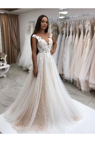 Dentelle intemporelle paillettes scintillantes tulle robe de mariée une ligne avec appliques robe de mariée