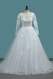 2024 Une ligne ouverte dos manches longues robes de mariage Scoop Tulle avec Applique