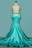 2024 Sexy Mermaid Prom Robes Scoop Long Sleeves Satin Open Back